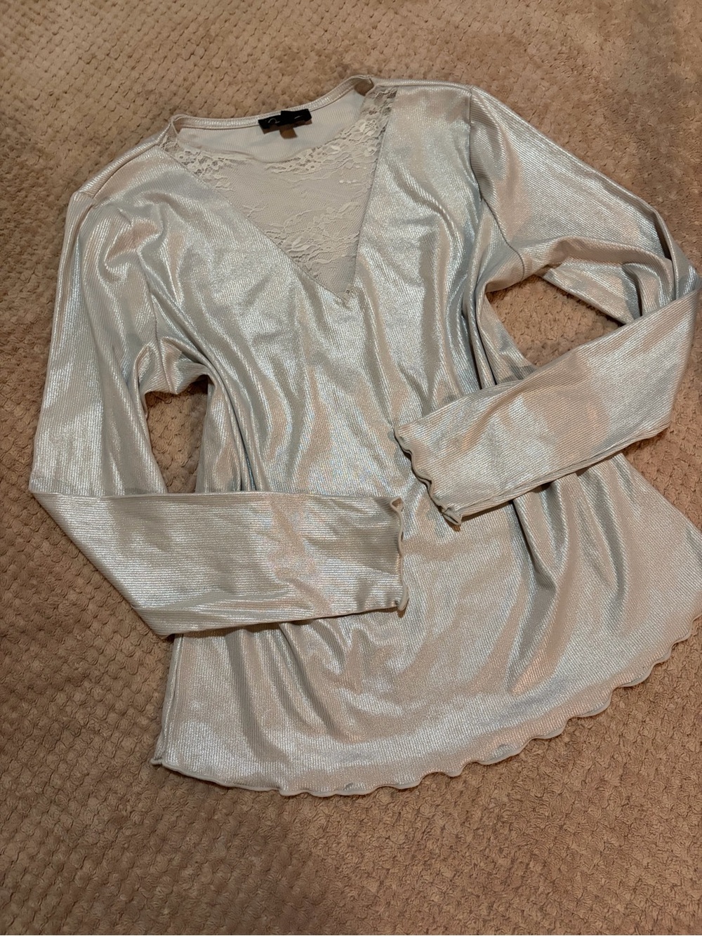 Jessica Simpson Shimmery Cream Lace-Trim Long Sleeve Top